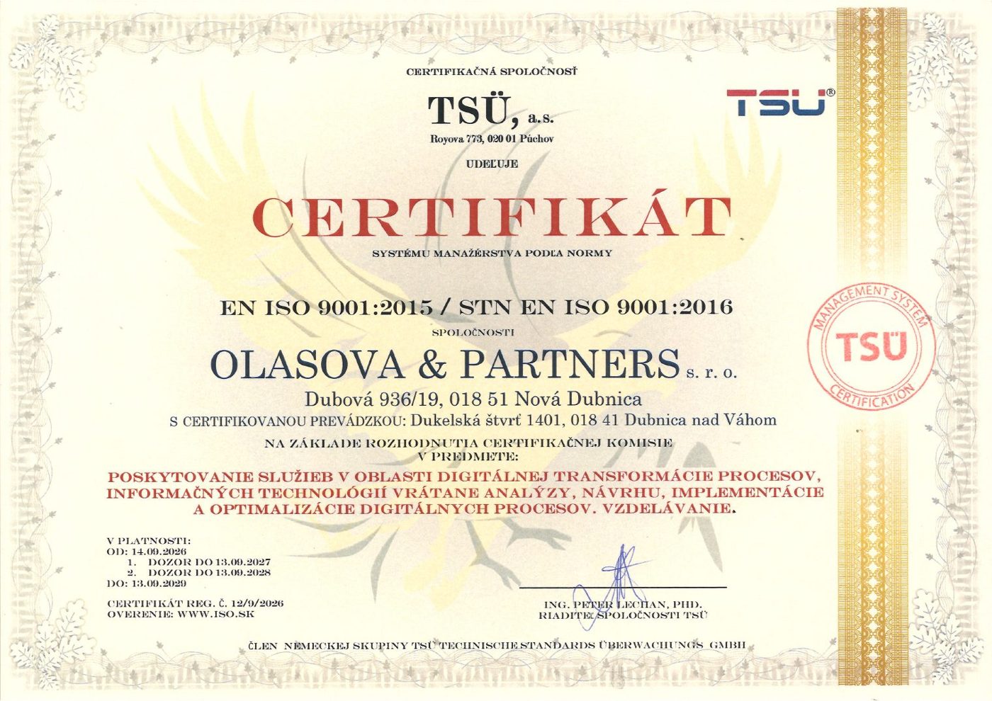 Certifikát ISO 9001 – Digitálna transformácia procesov a vzdelávanie, OLASOVA & PARTNERS s.r.o.