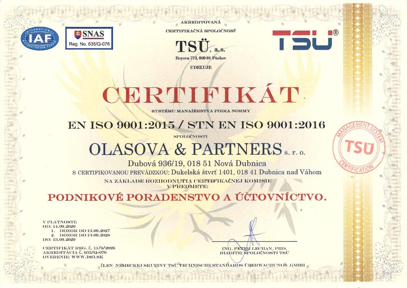 Certifikát ISO 9001 – Podnikové poradenstvo a účtovníctvo, OLASOVA & PARTNERS s.r.o.